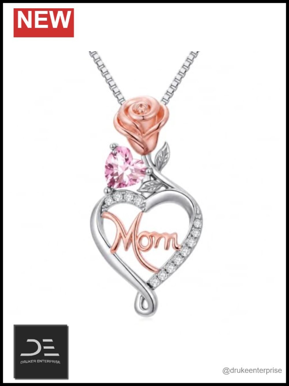 Rose Gold Mom Heart Birthstone Necklace with 3D Roses I Love You Mom Gift